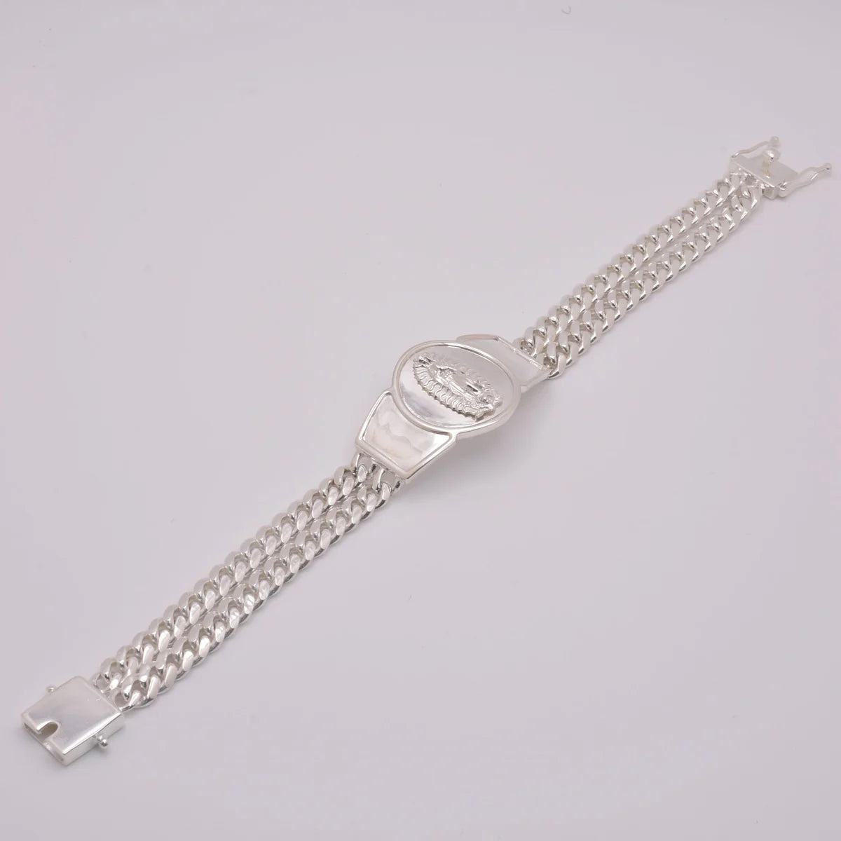 925 Sterling Silver Curb Two Strand Our Lady of Guadalupe 12.4mm Bracelet