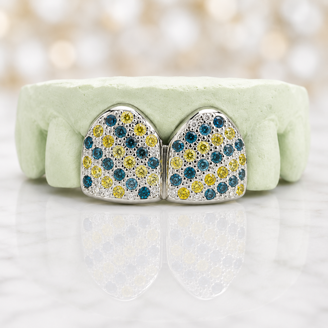 2 Top or 2 Bottom Blue and Yellow Diamond Grillz [S7035]