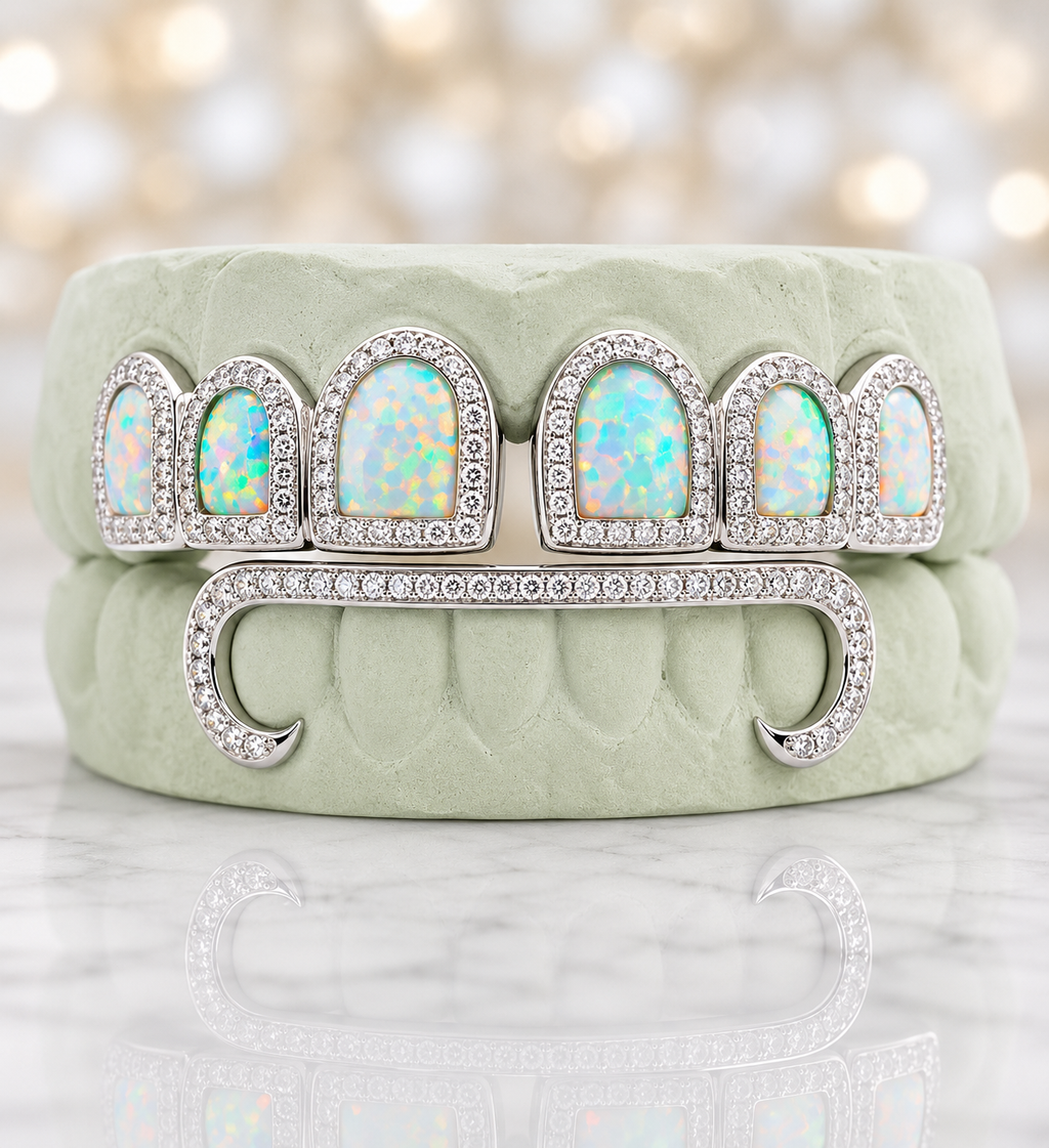 6 Top and 6 Bottom Opal & Diamond Prong Setting with Extended Diamond Bar Grillz