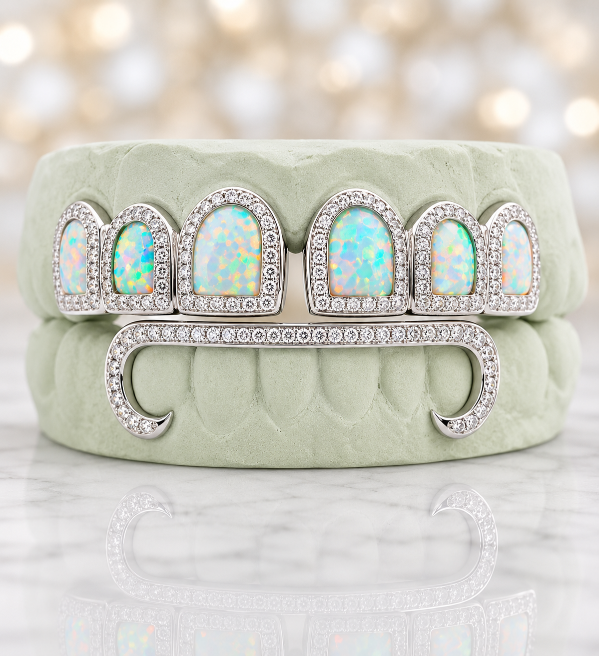 6 Top and 6 Bottom Opal & Diamond Prong Setting with Extended Diamond Bar Grillz