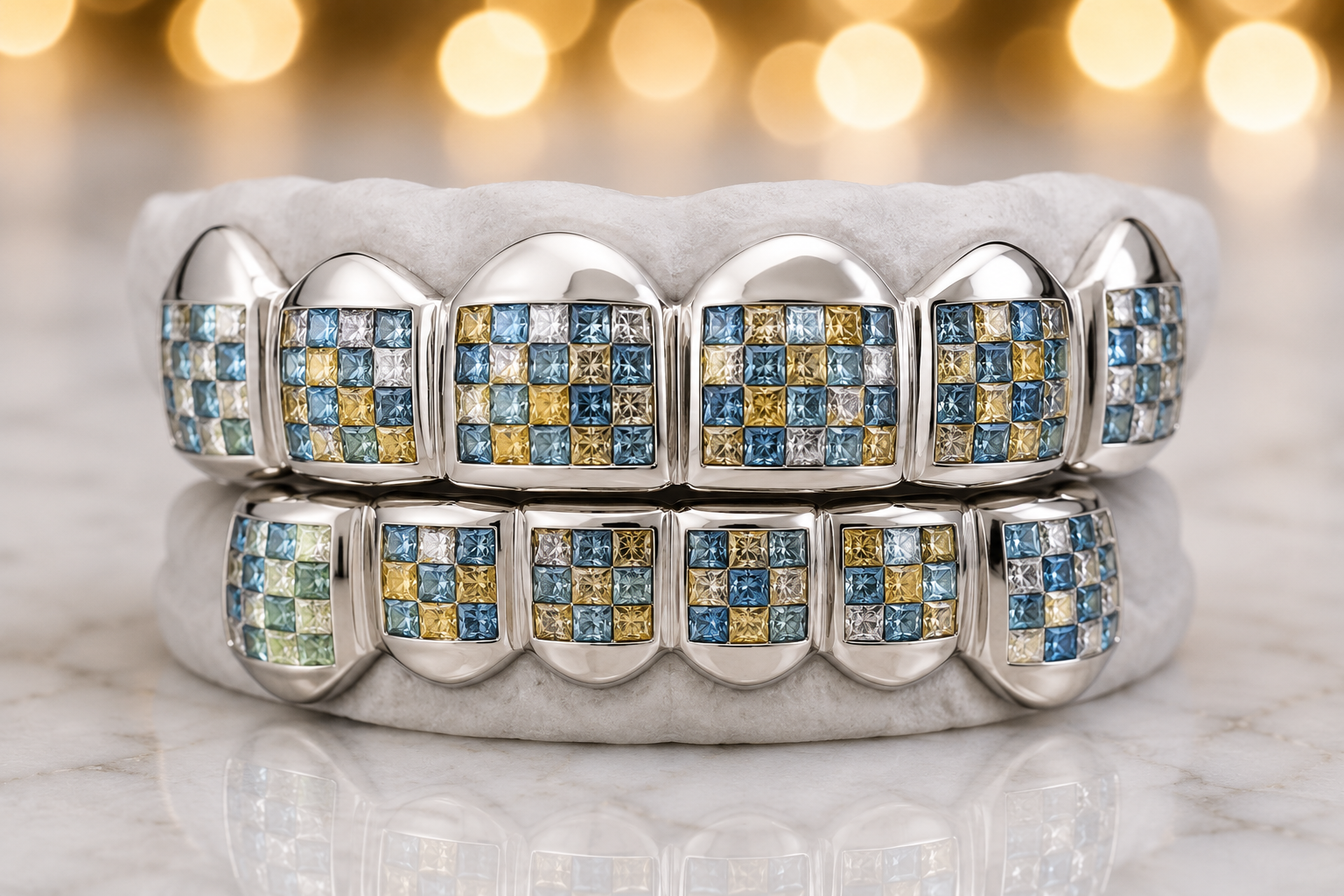 BLUE, YELLOW AND WHITE DIAMOND INVISIBLE GRILL [S2116]