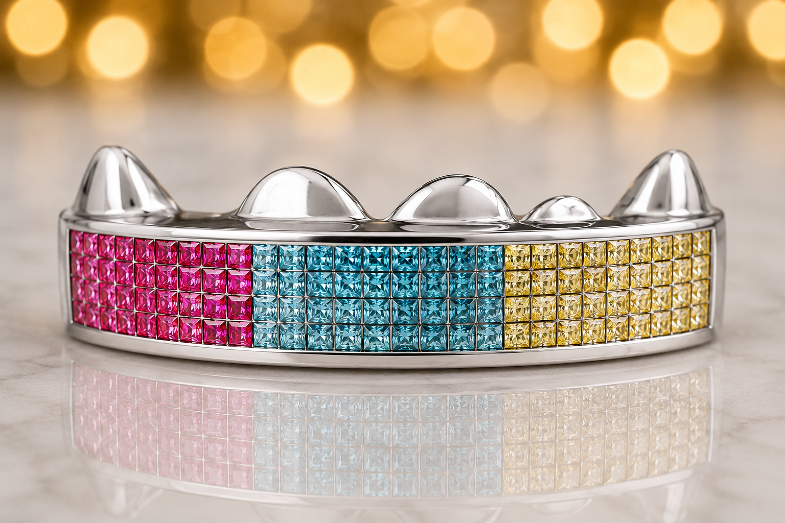 PRINCESS CUT YELLOW, RED RUBY & BLUE DIAMONDS SET IN I [S2115]