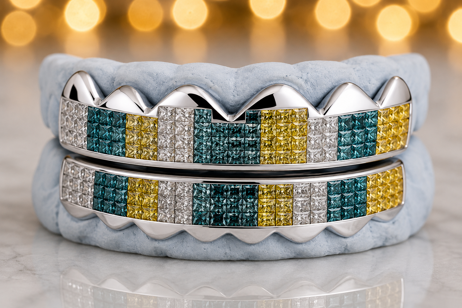 BLUE,WHITE & YELLOW PRINCESS CUT HORIZONTAL INVISIBLE [TVJ S2110]