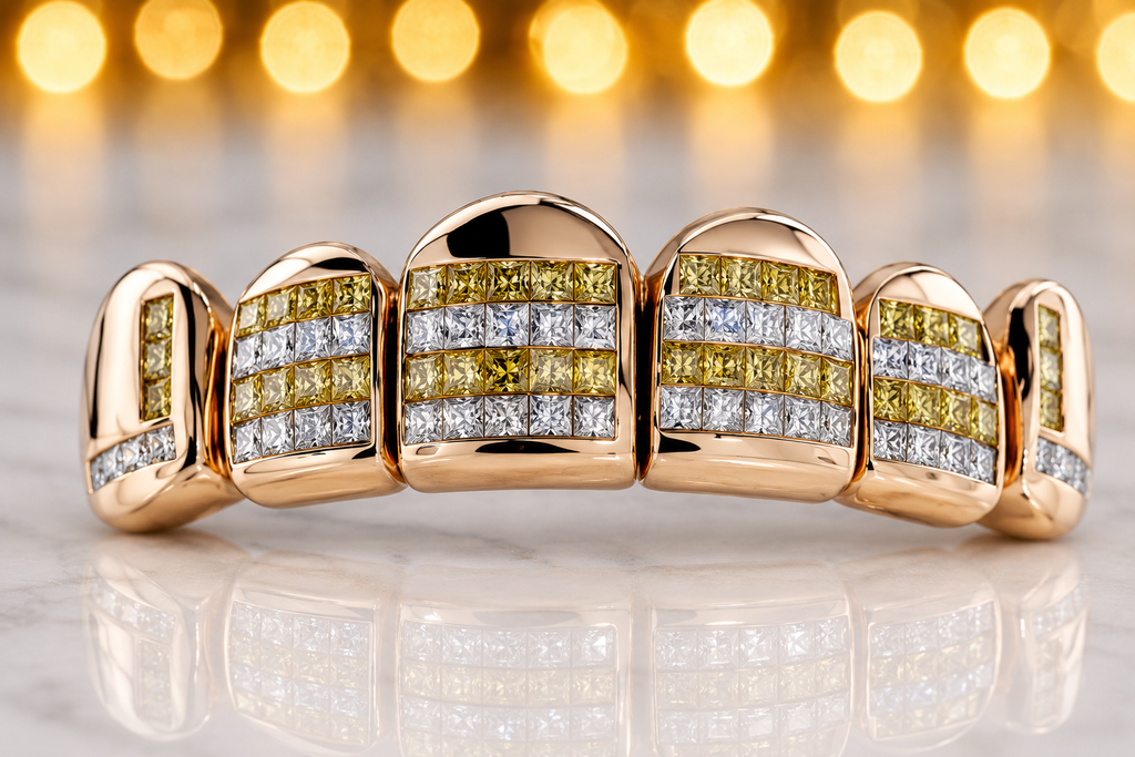YELLOW & WHITE PRINCESS CUT INVISIBLE SET GRILL [TVJ_S116]