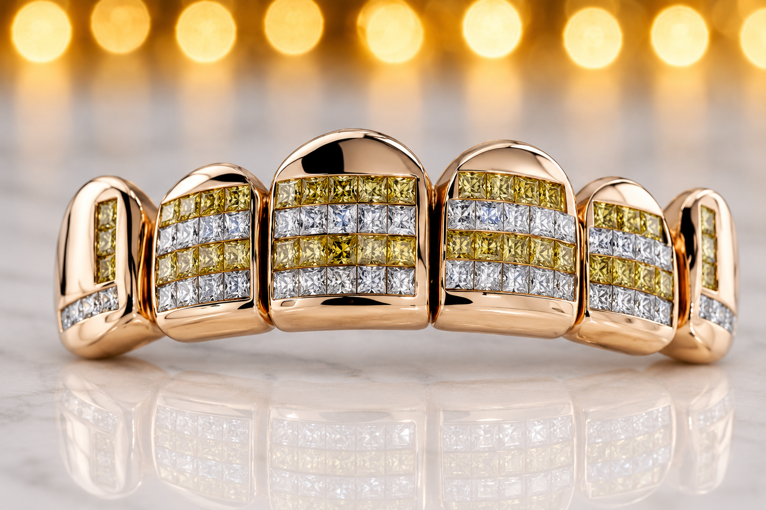 YELLOW & WHITE PRINCESS CUT INVISIBLE SET GRILL [TVJ_S116]