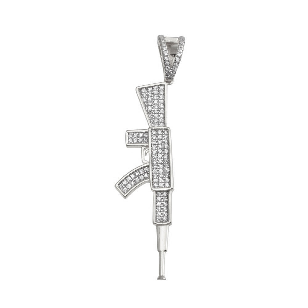 Rhodium Plated 925 Sterling Silver CZ Gun Pendant