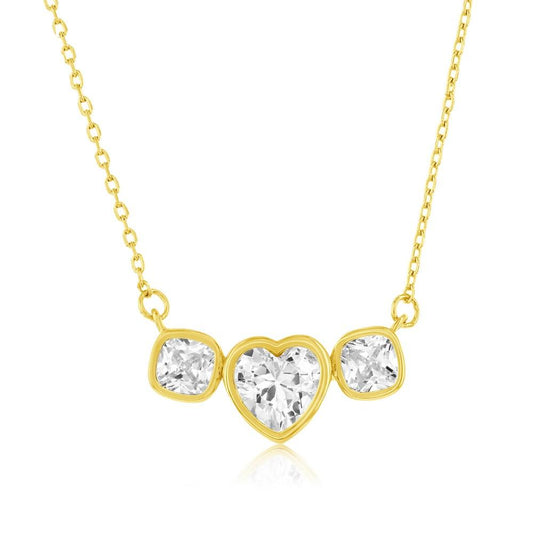 Sterling Silver, Heart & Square, Bezel-Set CZ Necklace - Gold Plated - Johnny Dang & Co