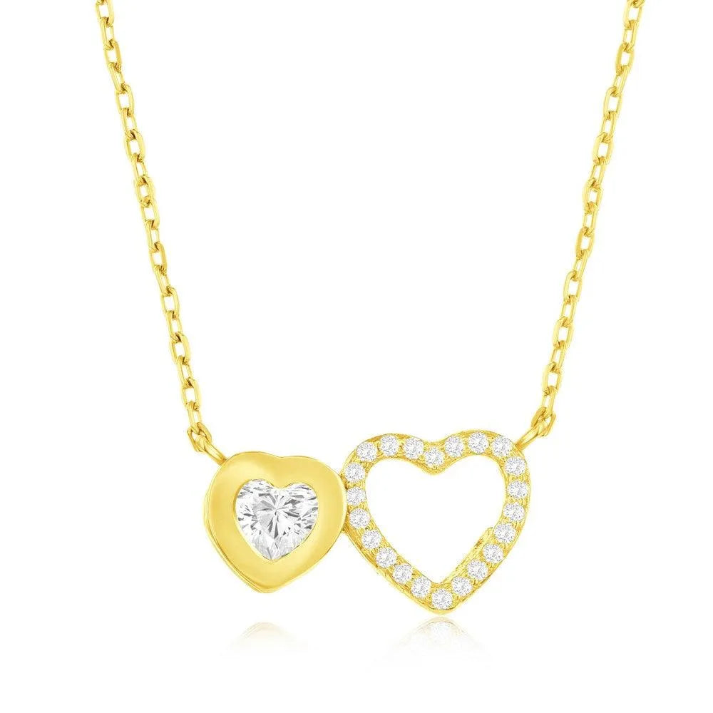 Sterling Silver, Double Heart CZ Necklace - Gold Plated - Johnny Dang & Co
