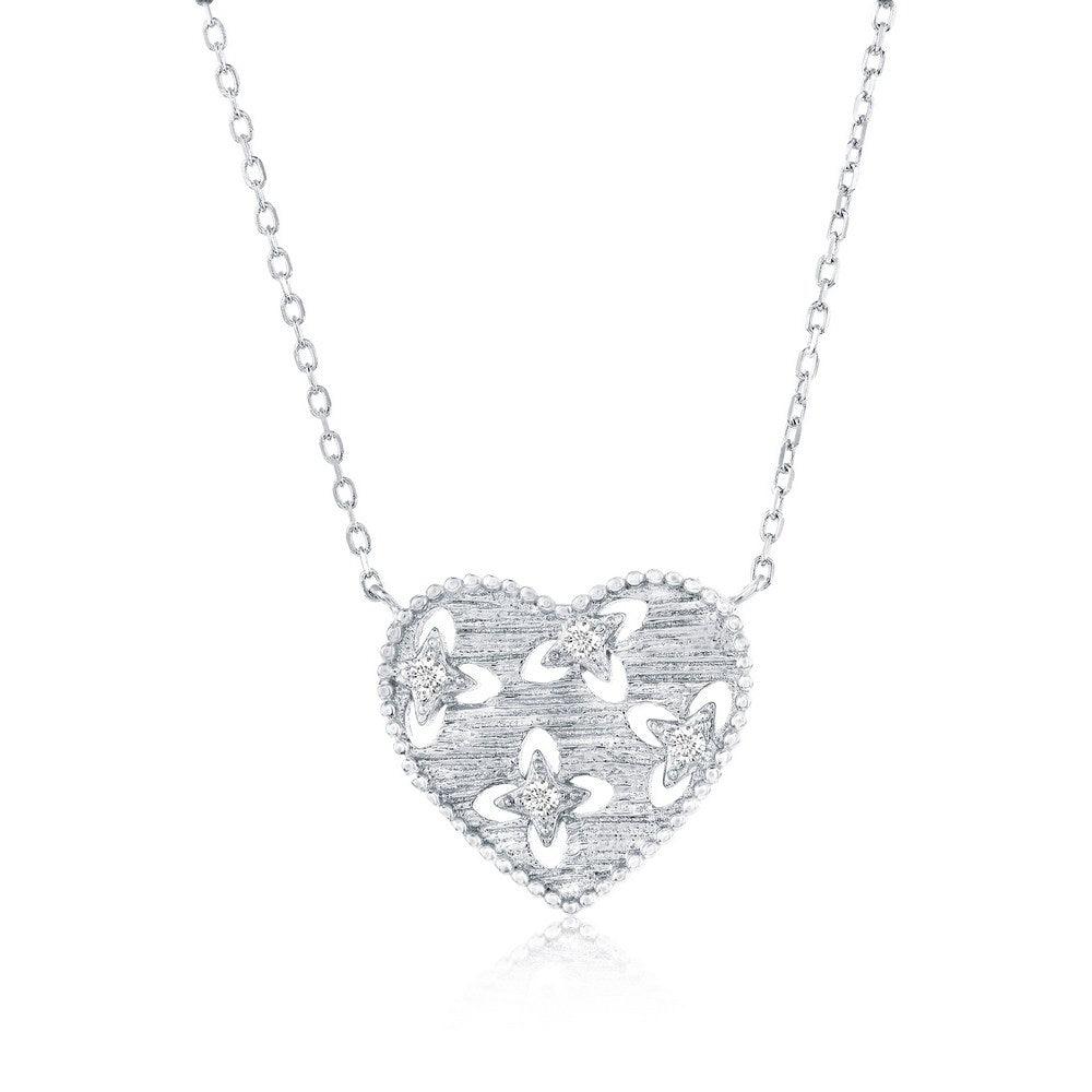 Sterling Silver, Lined Heart, Beaded Outline CZ Necklace - Johnny Dang & Co