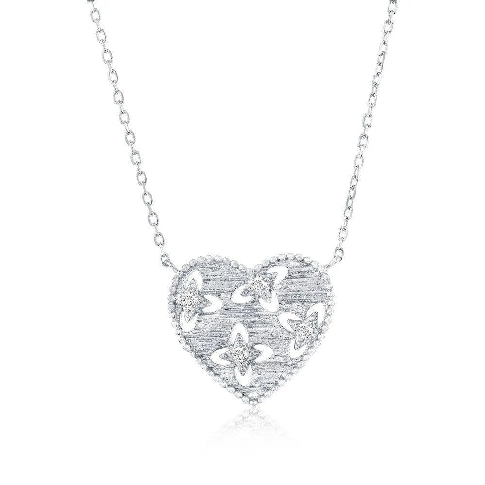 Sterling Silver, Lined Heart, Beaded Outline CZ Necklace - Johnny Dang & Co