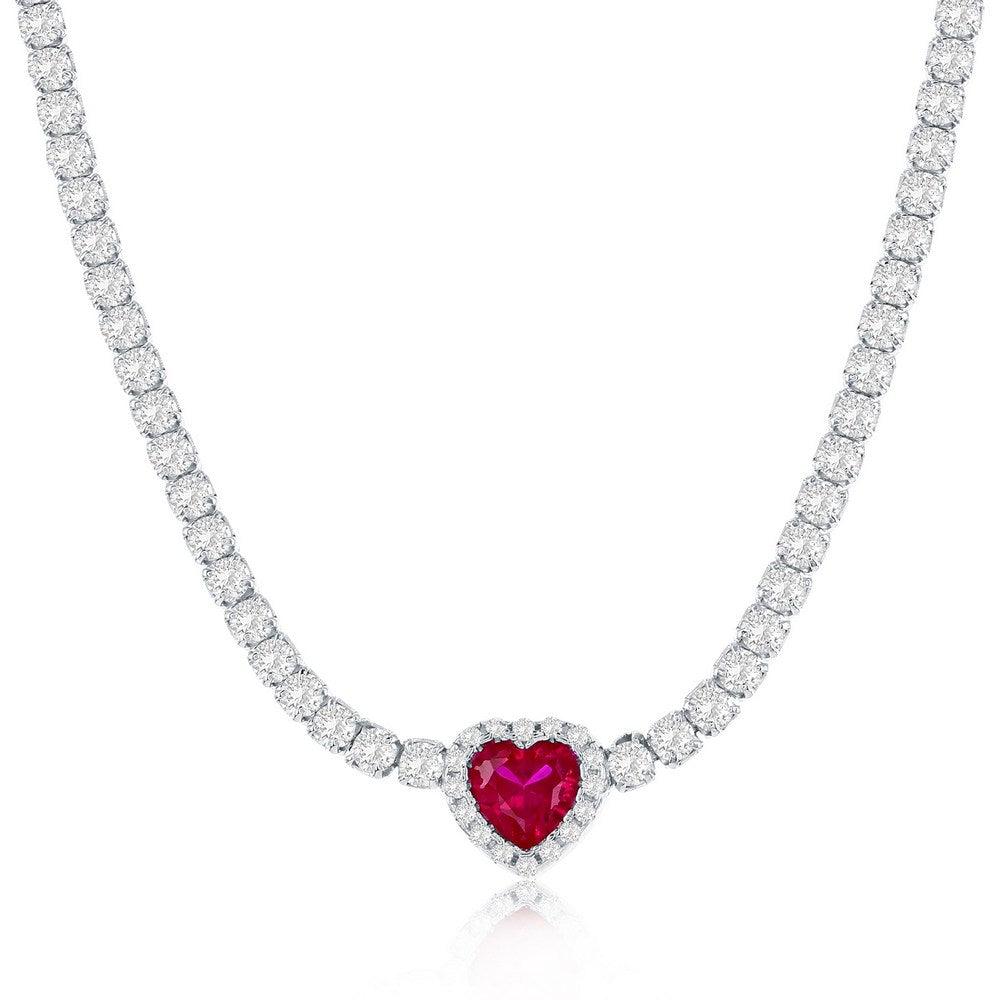 Sterling Silver, Heart CZ Tennis Necklace - Ruby - Johnny Dang & Co