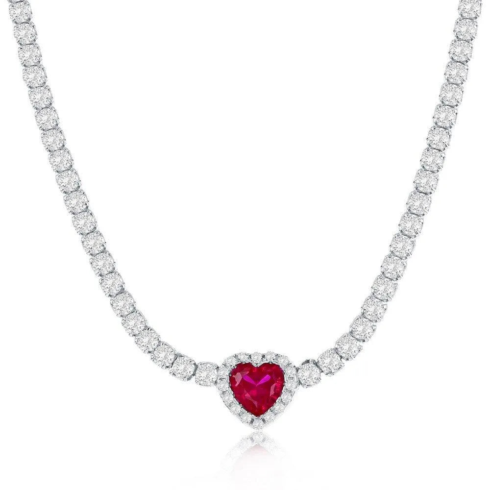 Sterling Silver, Heart CZ Tennis Necklace - Ruby - Johnny Dang & Co
