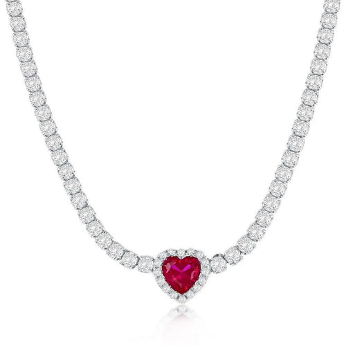 Sterling Silver, Heart CZ Tennis Necklace - Ruby