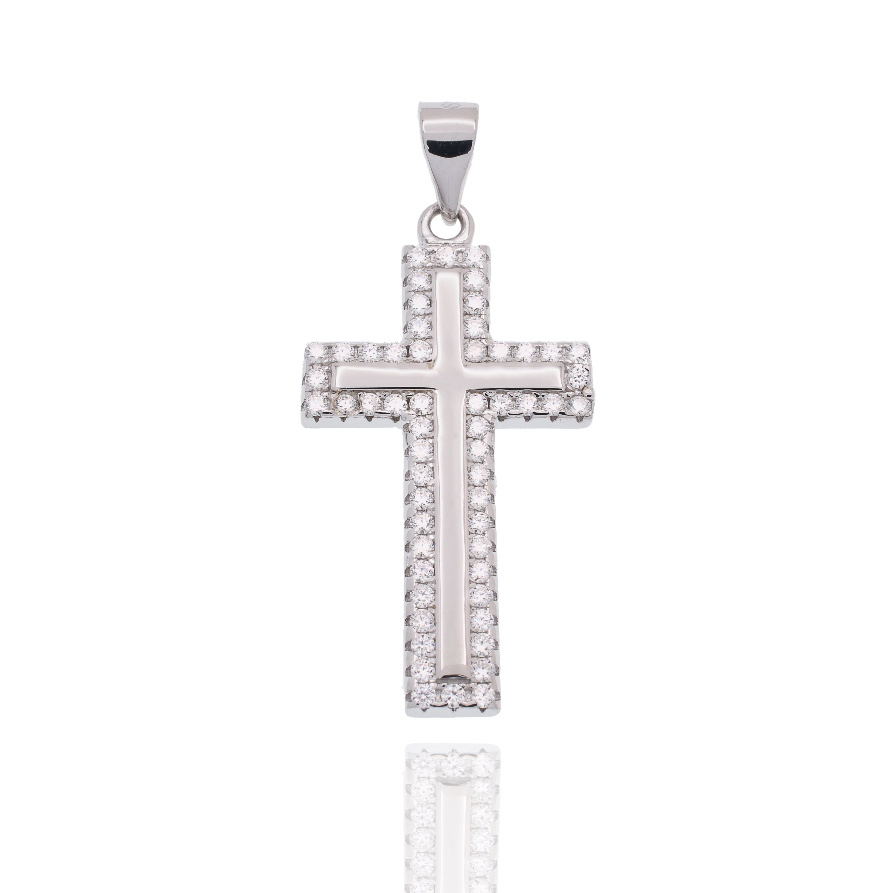 Rhodium Plated 925 Sterling Silver Moissanite 15mm x 23mm Border Cross Pendant