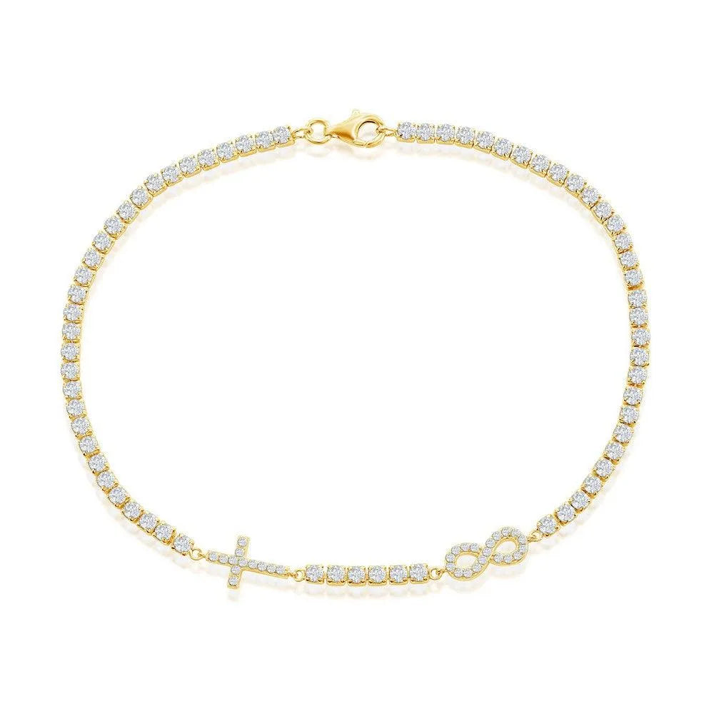Sterling Silver Infinity & Cross Tennis Anklet - Gold Plated - Johnny Dang & Co