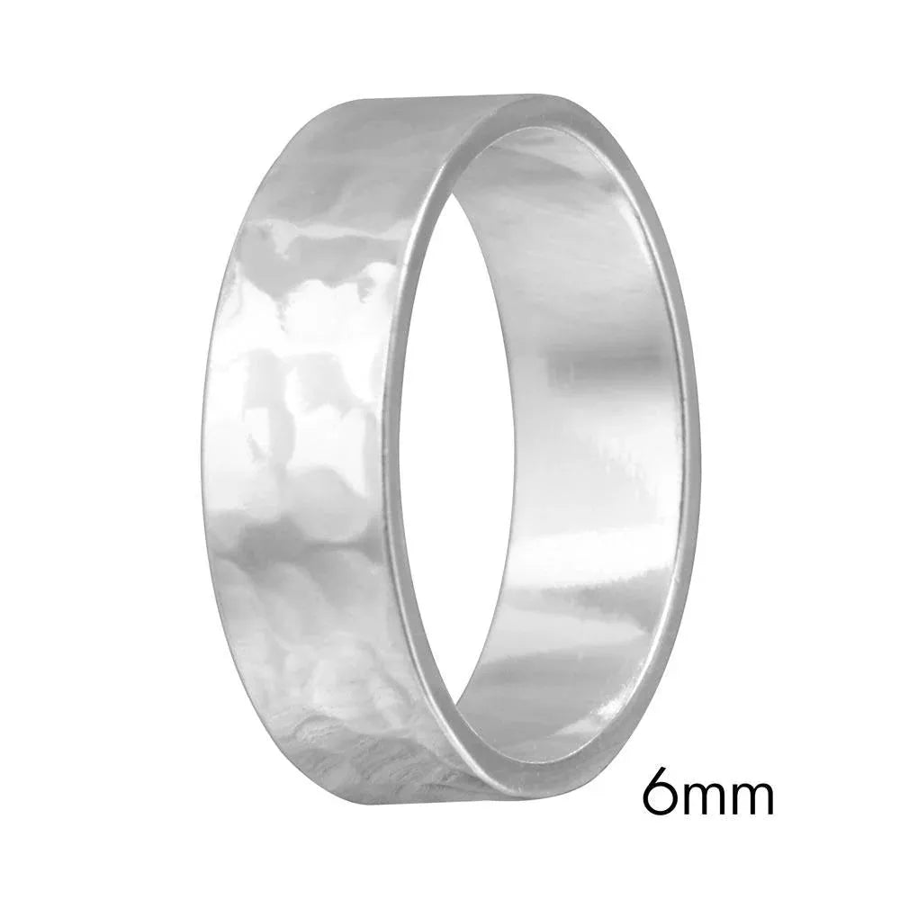 High Polished 925 Sterling Silver Hand Hammered Wedding Band Flat Ring - 6MM