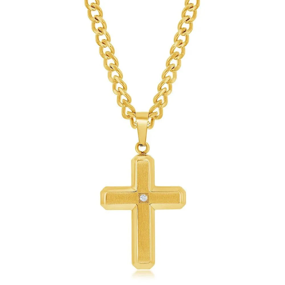 Stainless Steel Brushed & Polished w/ Single CZ Cross Necklace - Gold Plated - Johnny Dang & Co