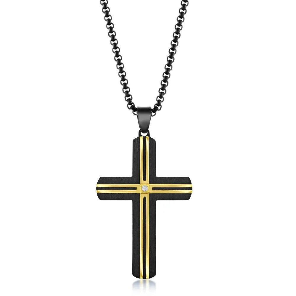 Stainless Steel Black & Gold Lined Single CZ Cross Necklace - Johnny Dang & Co