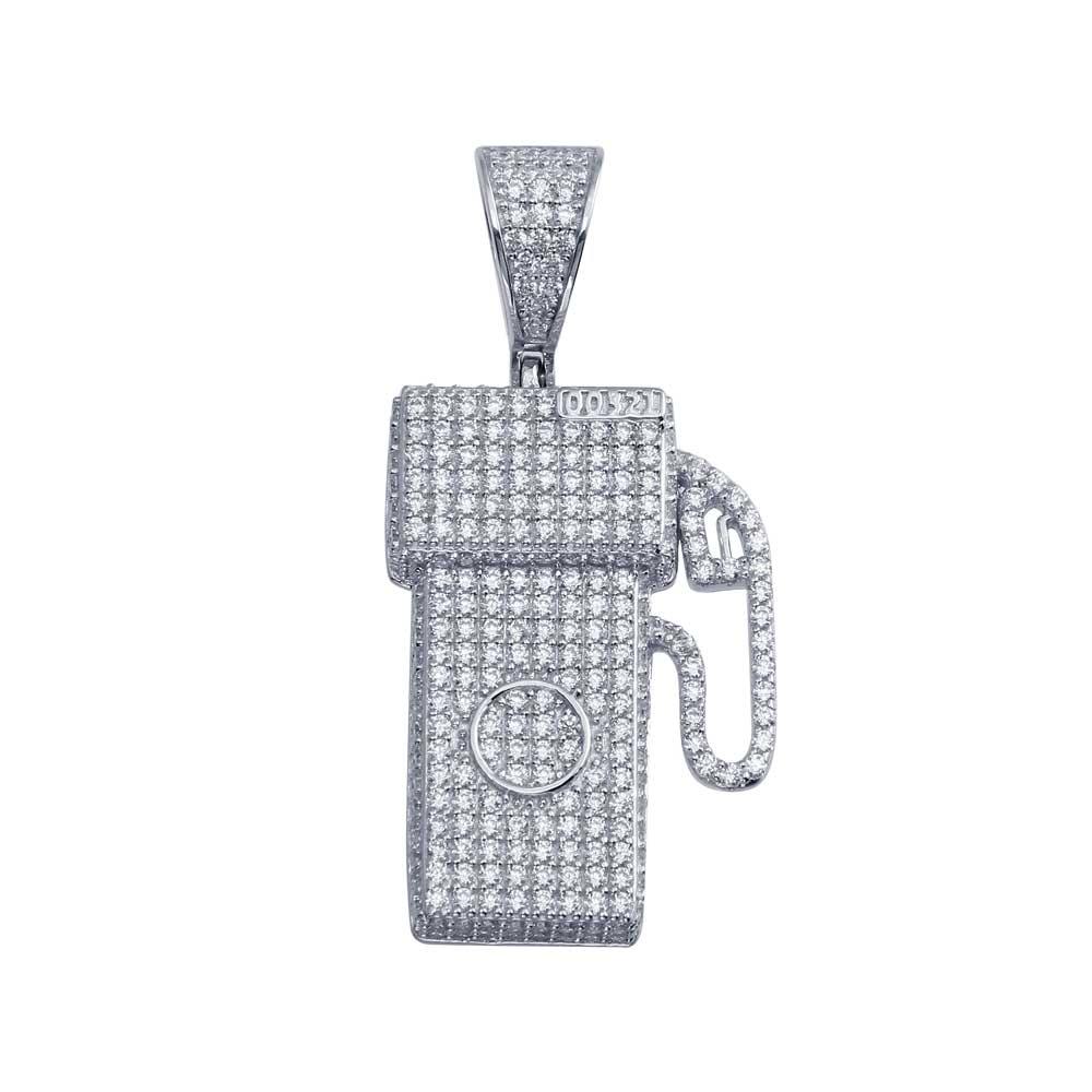 Rhodium Plated 925 Sterling Silver CZ Gas Pump Pendant