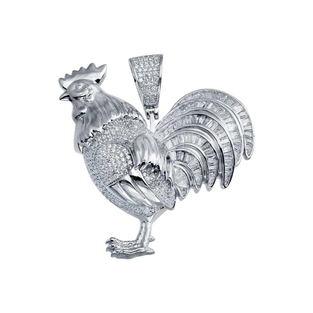 Rhodium Plated 925 Sterling Silver CZ Rooster Pendant