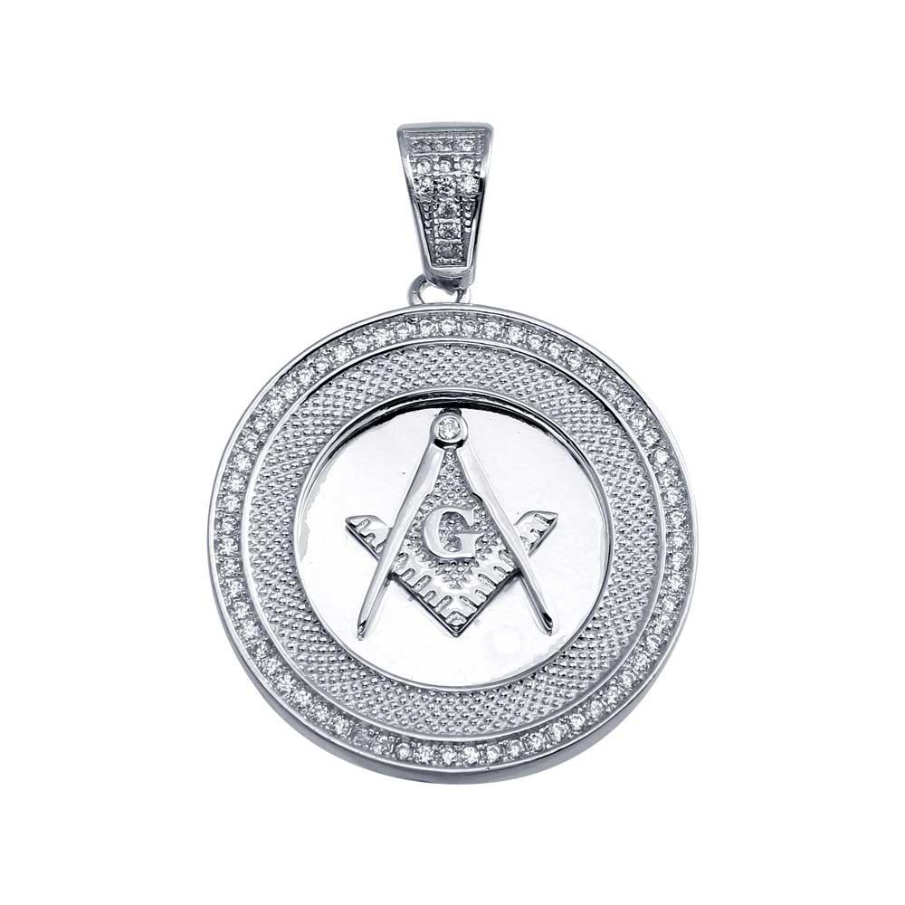 Rhodium Plated 925 Sterling Silver Masonic Sign Medallion Pendant