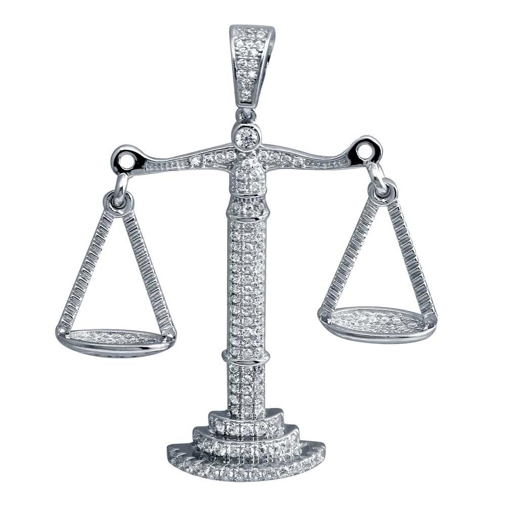 Rhodium Plated 925 Sterling Silver CZ Libra Scale Pendant