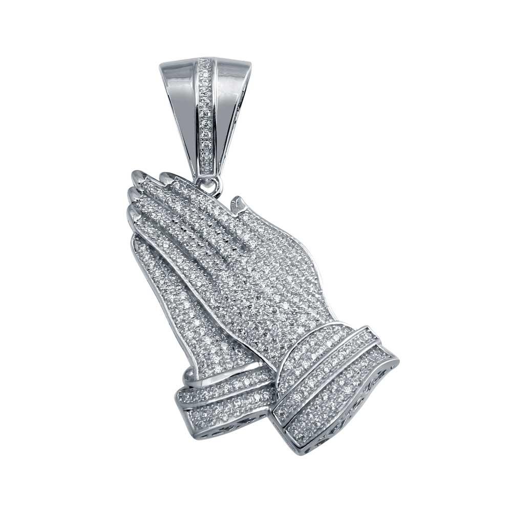 Rhodium Plated 925 Sterling Silver CZ Praying Hands Pendant