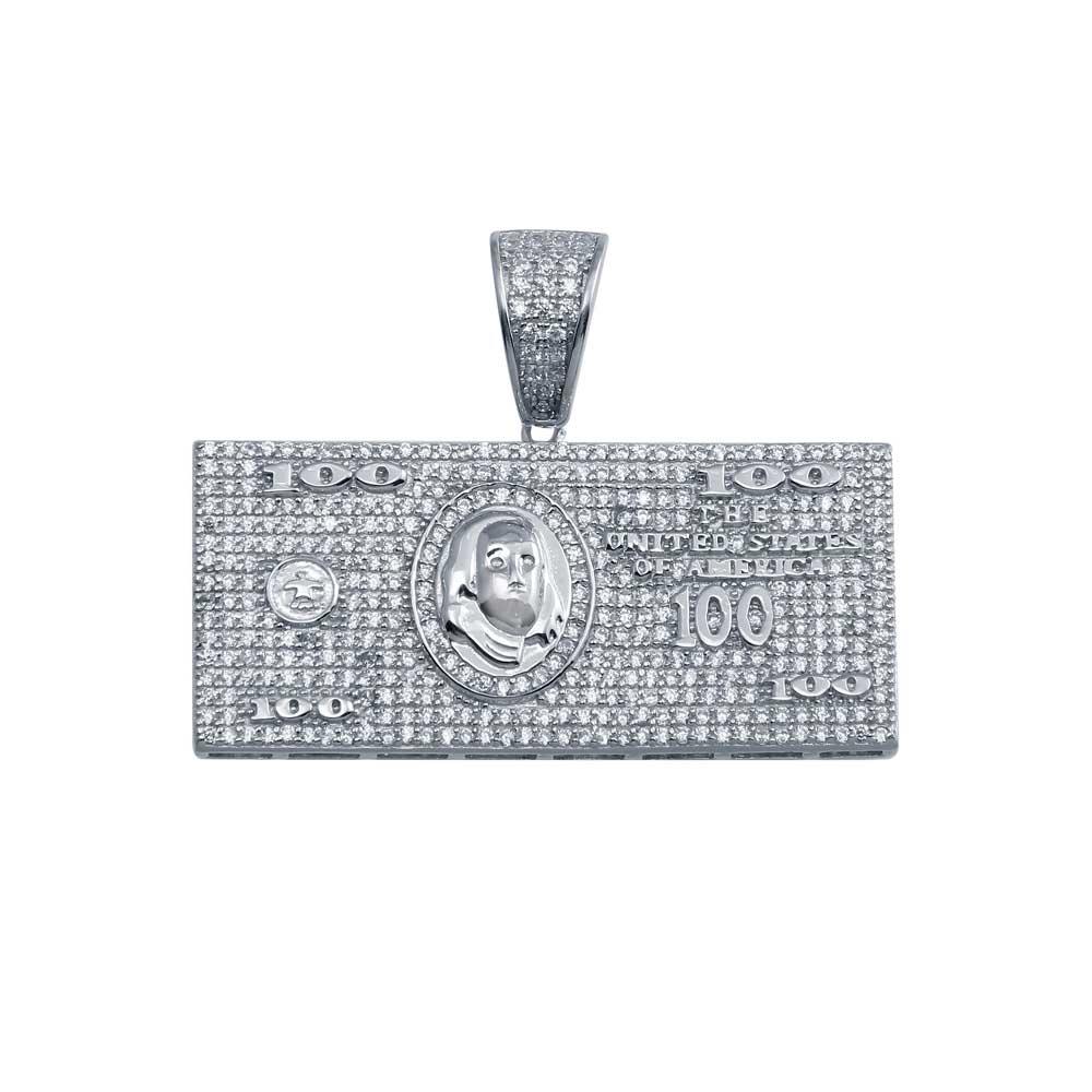 Rhodium Plated 925 Sterling Silver CZ Hundred Dollar Bill Pendant