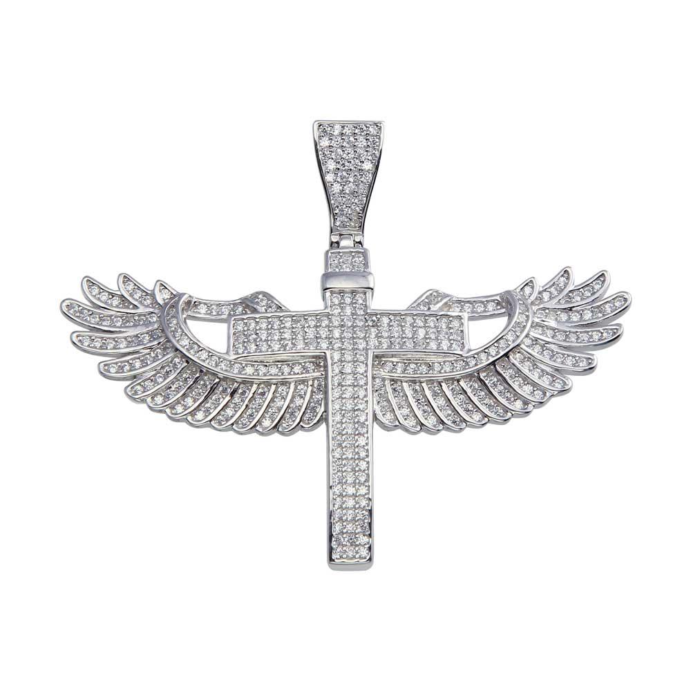 Rhodium Plated 925 Sterling Silver CZ Angel Wing Cross Pendant