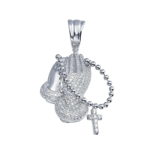 Rhodium Plated 925 Sterling Silver CZ Prayer Hand with Rosary Pendant