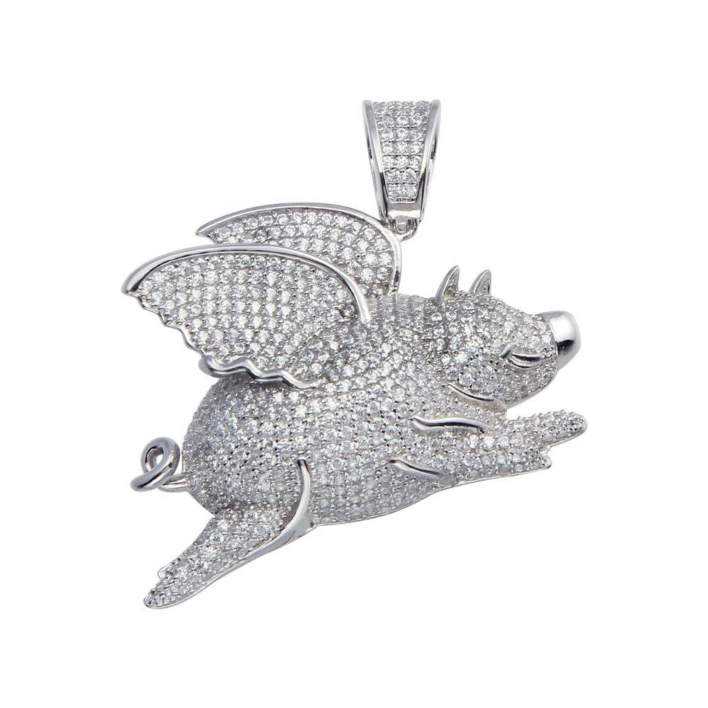 Rhodium Plated 925 Sterling Silver CZ Flying Pig Pendant