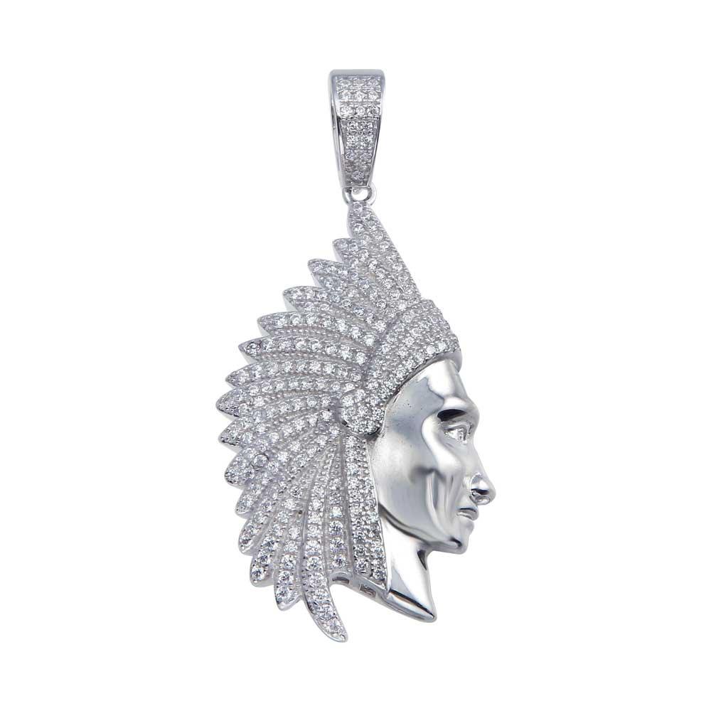 Rhodium Plated 925 Sterling Silver CZ Native American Chief Pendant