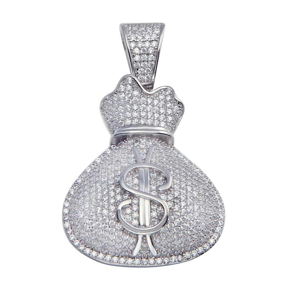 Rhodium Plated 925 Sterling Silver CZ Money Bag Pendant