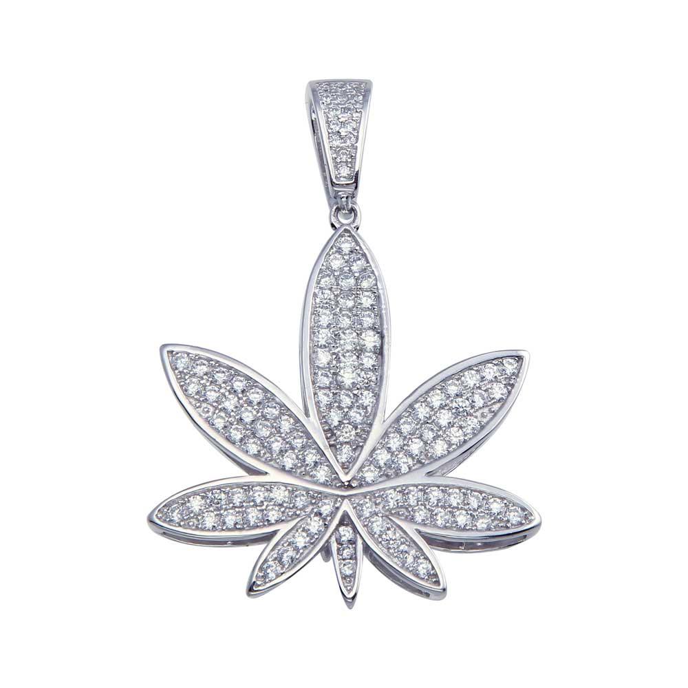 Rhodium Plated 925 Sterling Silver CZ Marijuana Pendant