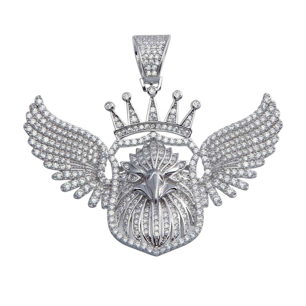 Rhodium Plated 925 Sterling Silver Crowned Eagle Pendant