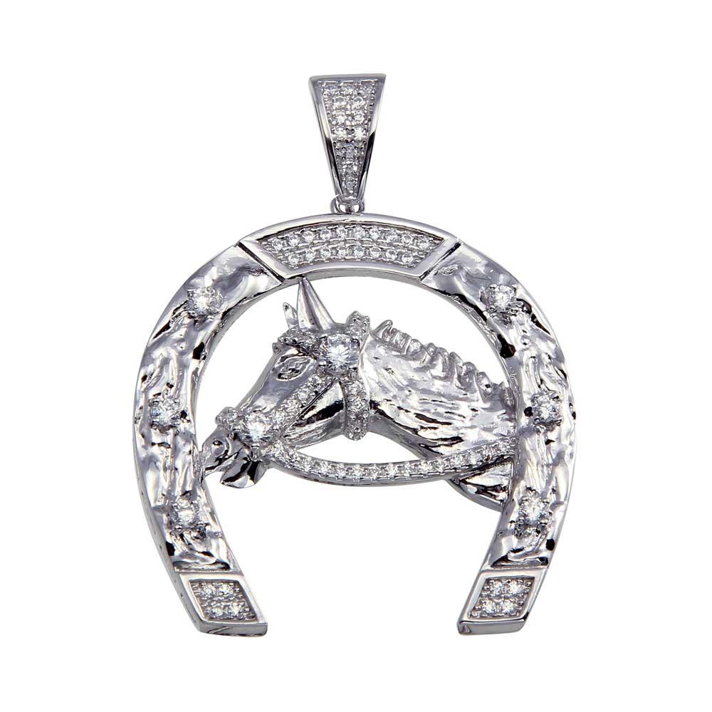 Rhodium Plated 925 Sterling Silver Horse and Horseshoe Pendant
