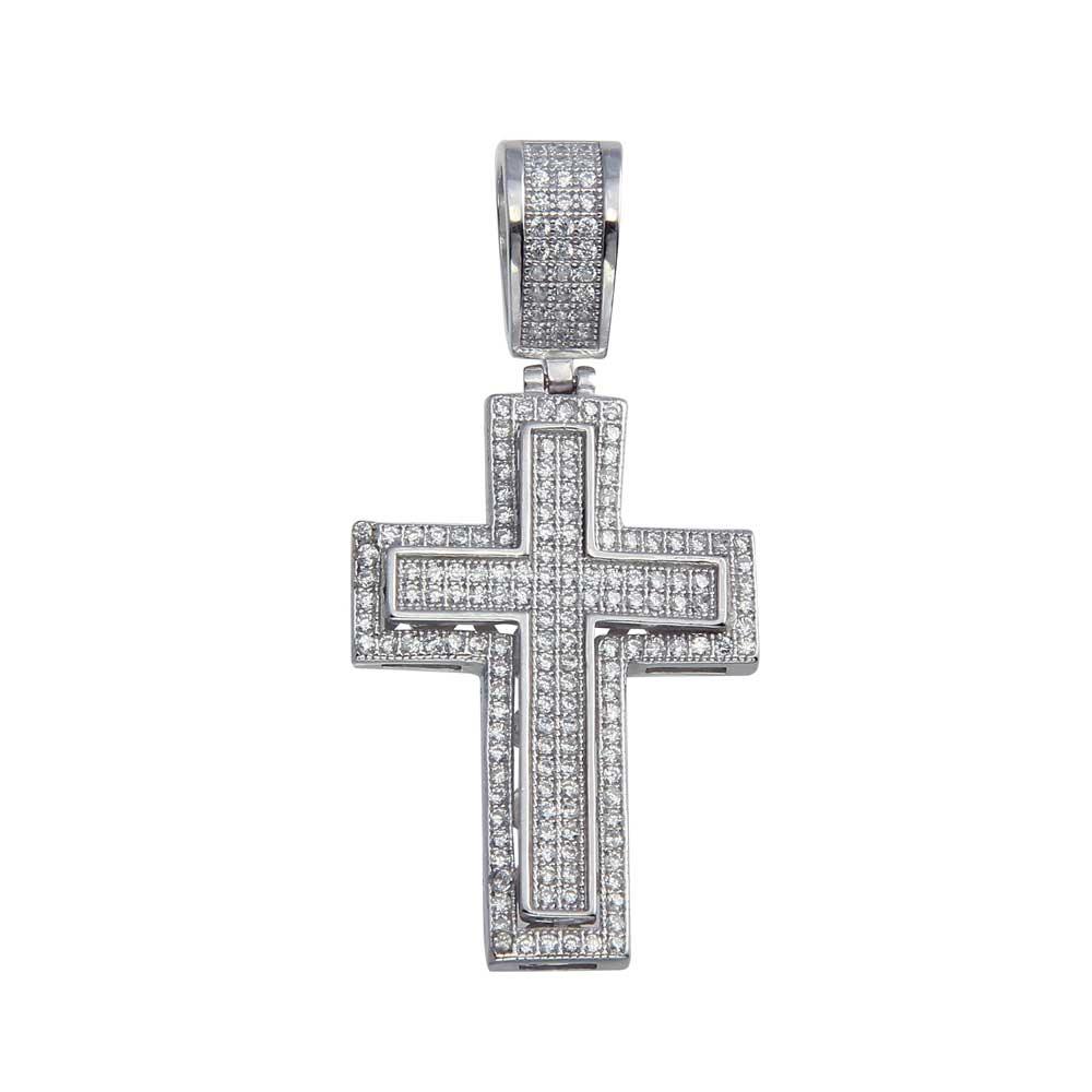 Rhodium Plated 925 Sterling Silver CZ Cross Bordered Pendant