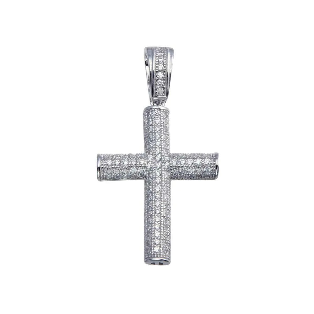 Hip Hop CZ Tube Cross Pendant Rhodium-Plated 925 Sterling Silver