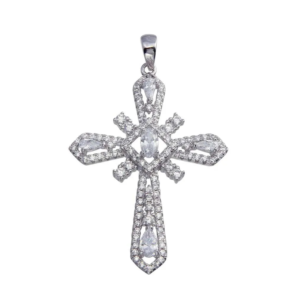 Hip Hop CZ Cross Pendant Rhodium-Plated 925 Sterling Silver