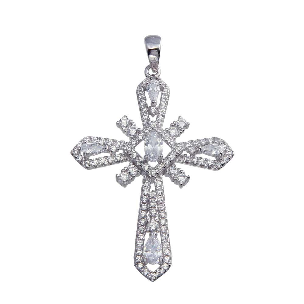 Rhodium Plated 925 Sterling Silver CZ Cross Pendant