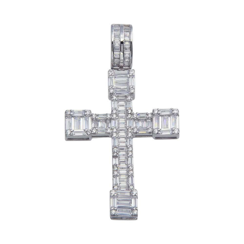 Rhodium Plated 925 Sterling Silver CZ Border Baguette Cross Pendant