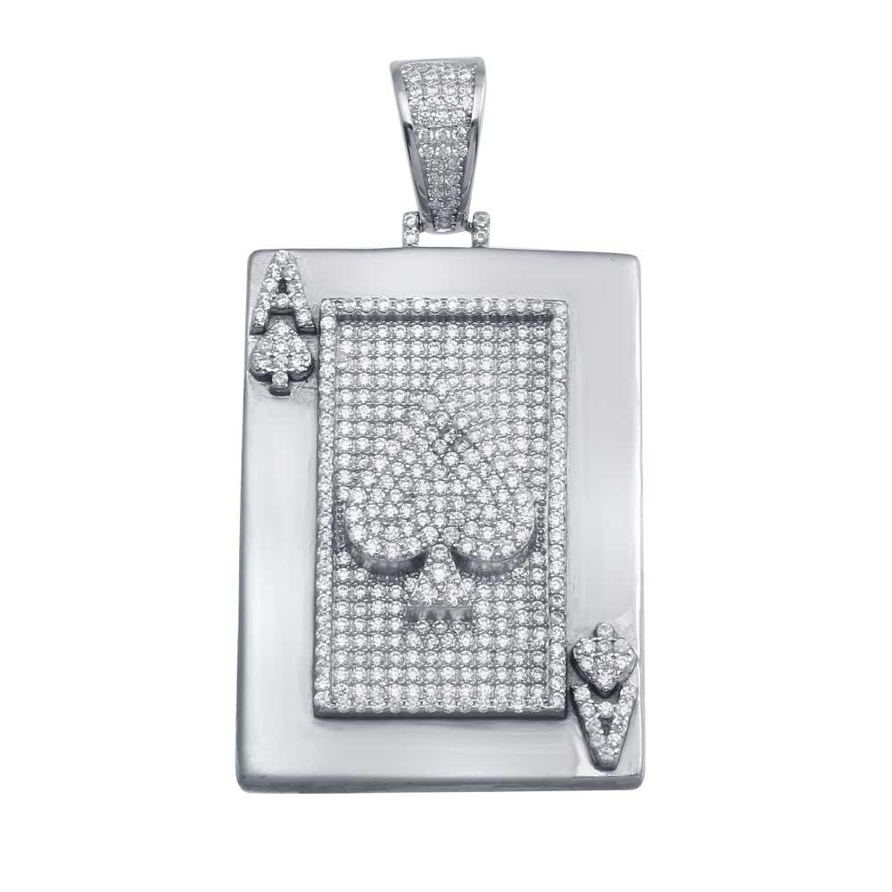Rhodium Plated 925 Sterling Silver CZ Ace of Spades Pendant
