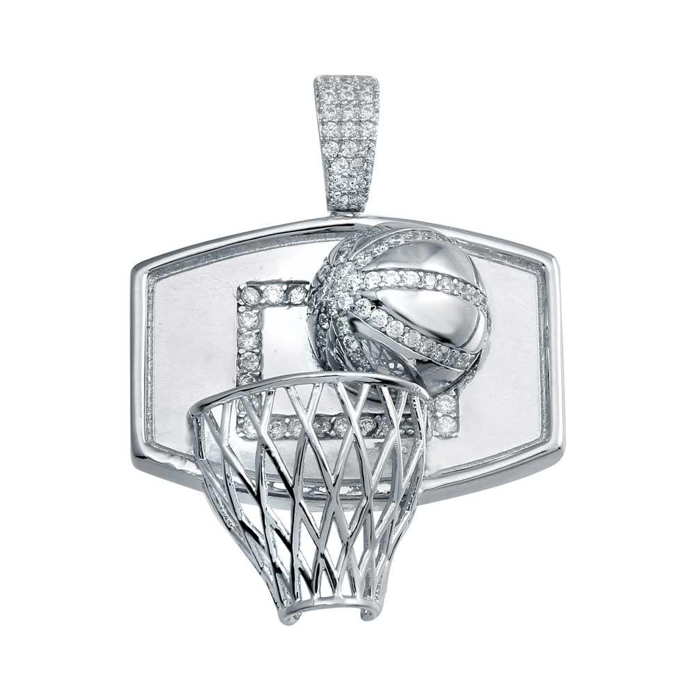 Rhodium Plated 925 Sterling Silver CZ Basketball Hoop Pendant