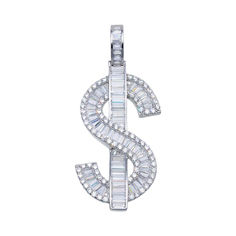 Rhodium Plated 925 Sterling Silver Dollar Sign Baguette CZ Pendant