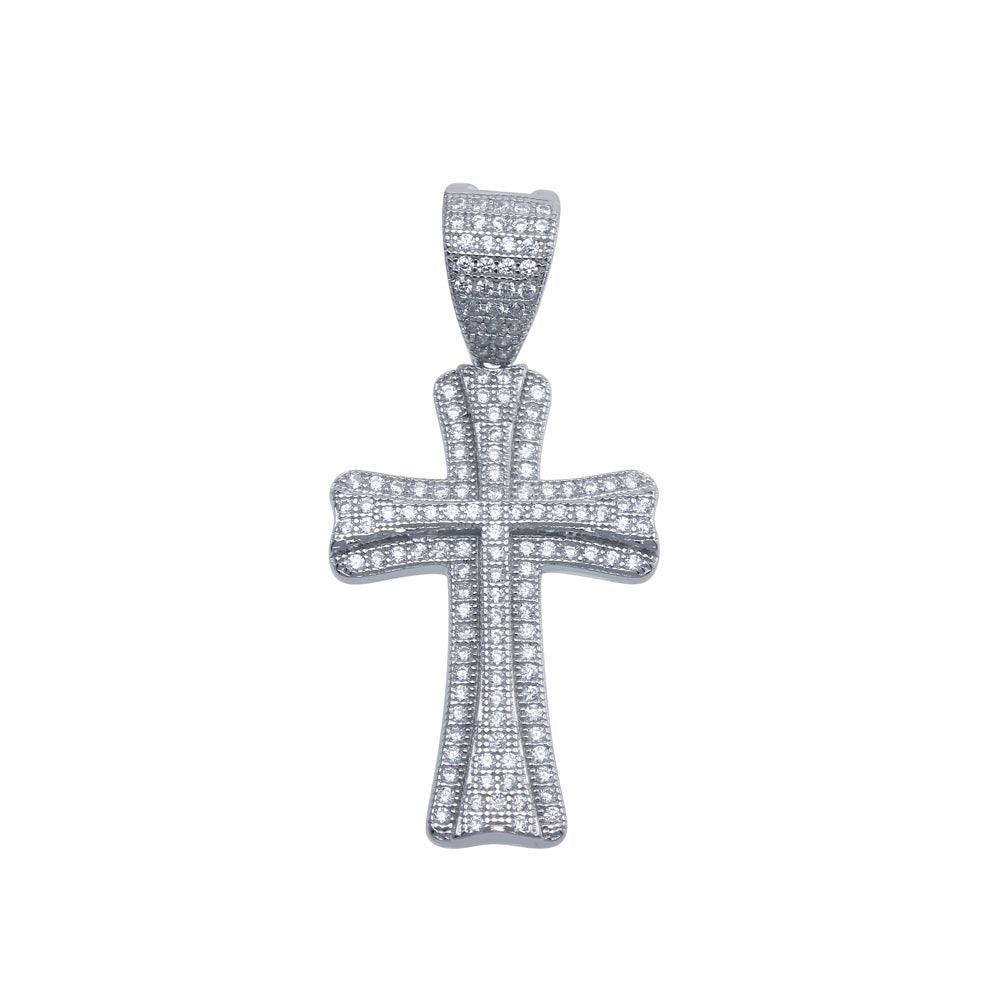 Rhodium Plated 925 Sterling Silver Small Double Cross CZ Pendant