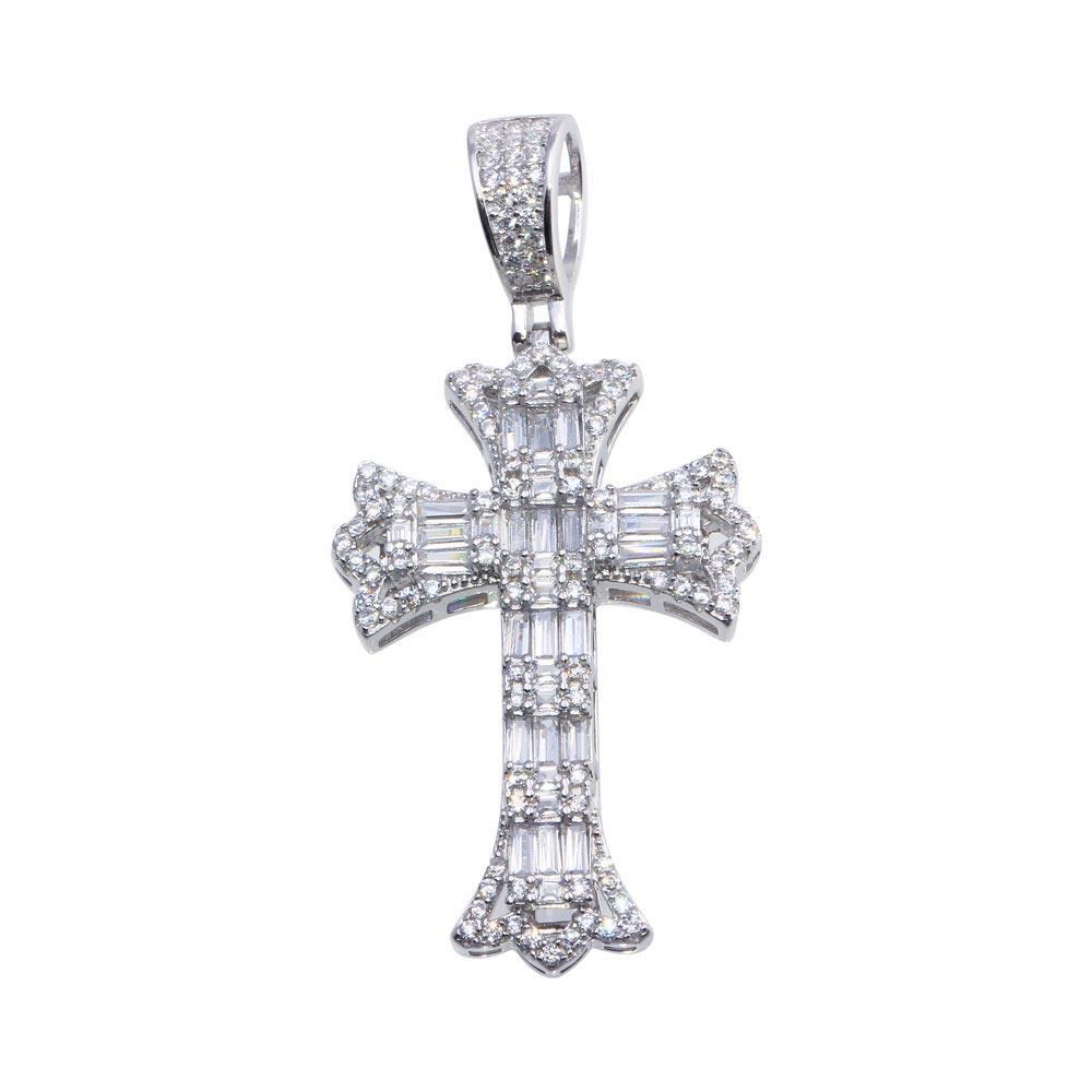 Rhodium Plated 925 Sterling Silver Baguette CZ Cross Pendant