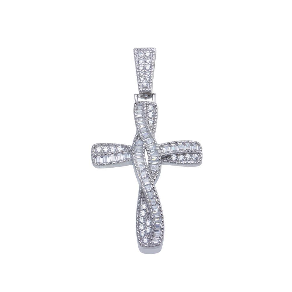Rhodium Plated 925 Sterling Silver Twisted Cross Baguette CZ Pendant