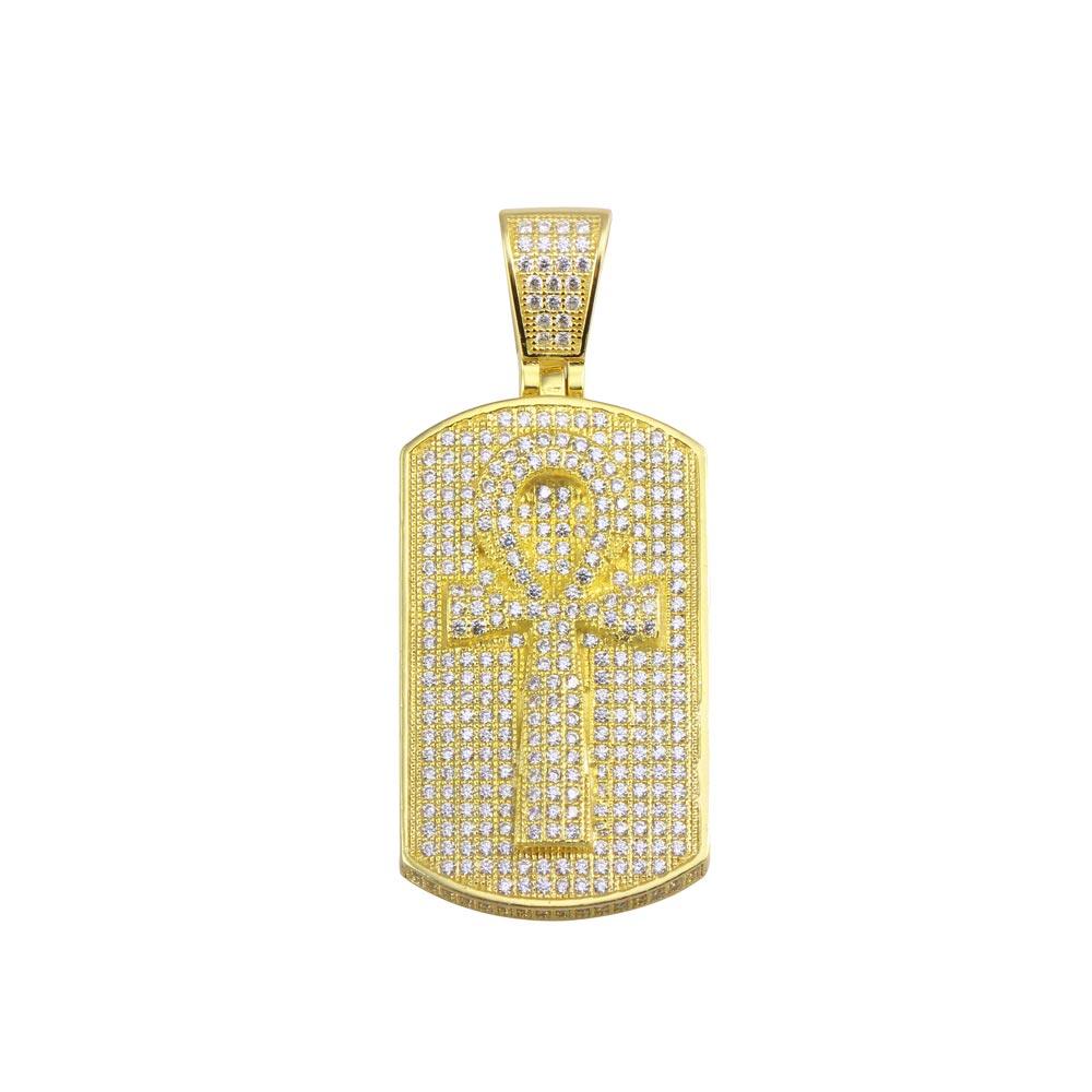 Gold Plated 925 Sterling Silver CZ Cross Dogtag Pendant