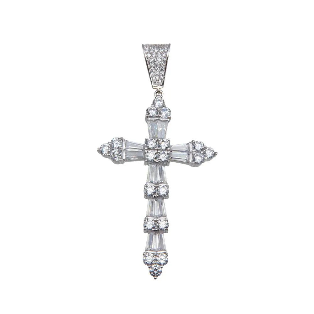 Hip Hop CZ Cross Pendant – Rhodium-Plated 925 Sterling Silver