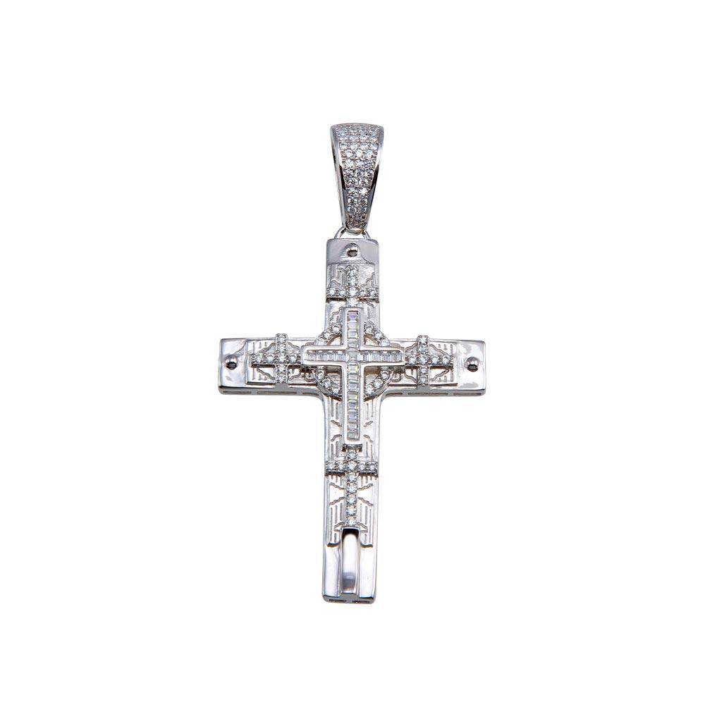 Rhodium Plated 925 Sterling Silver CZ Cross Pendant